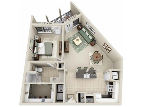Floor plan for 1 bed, 1 bath, 839 sqft